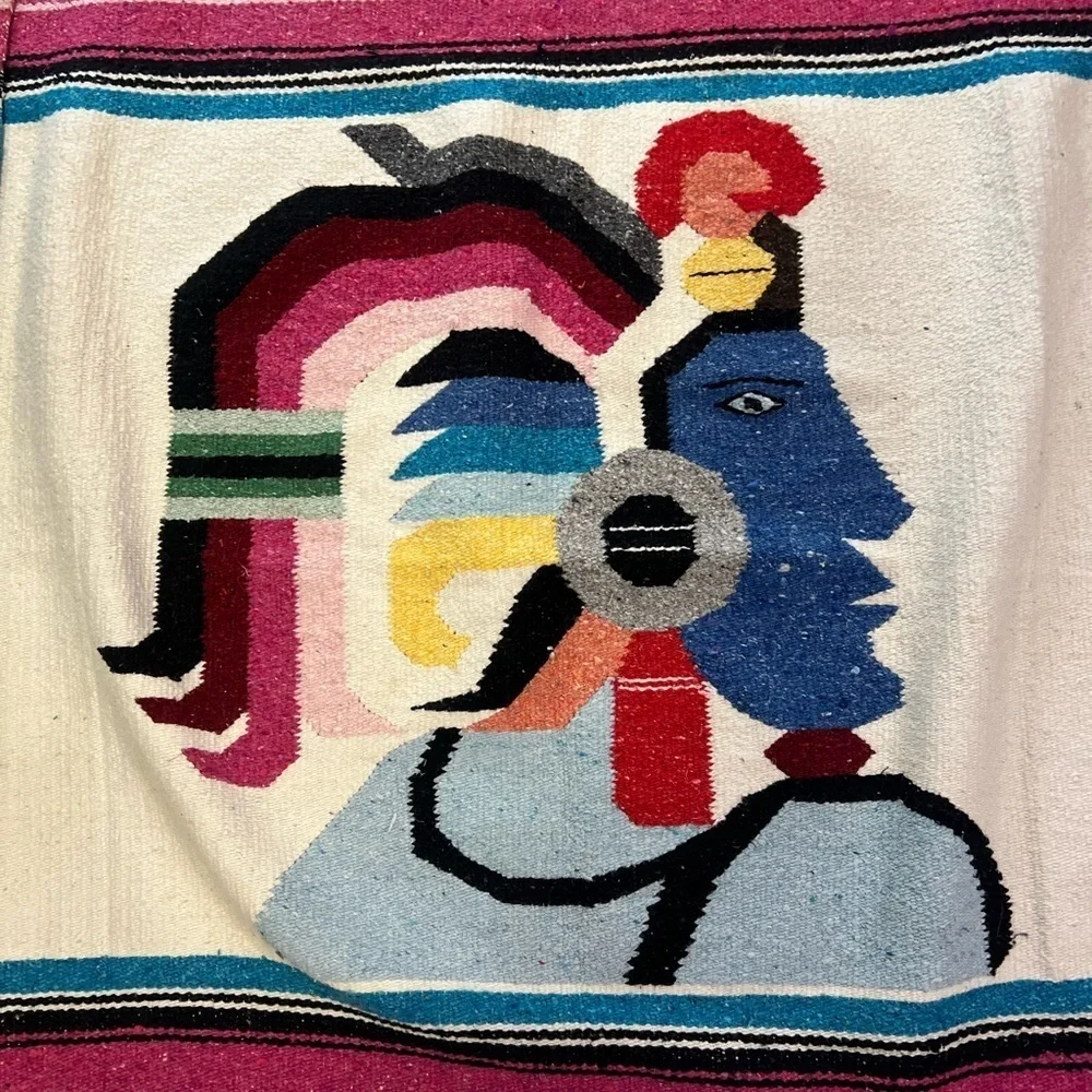 Vintage Hand Woven Mexican Aztec Indian Mayan King Blanket Rug Fringe 80”x 47”